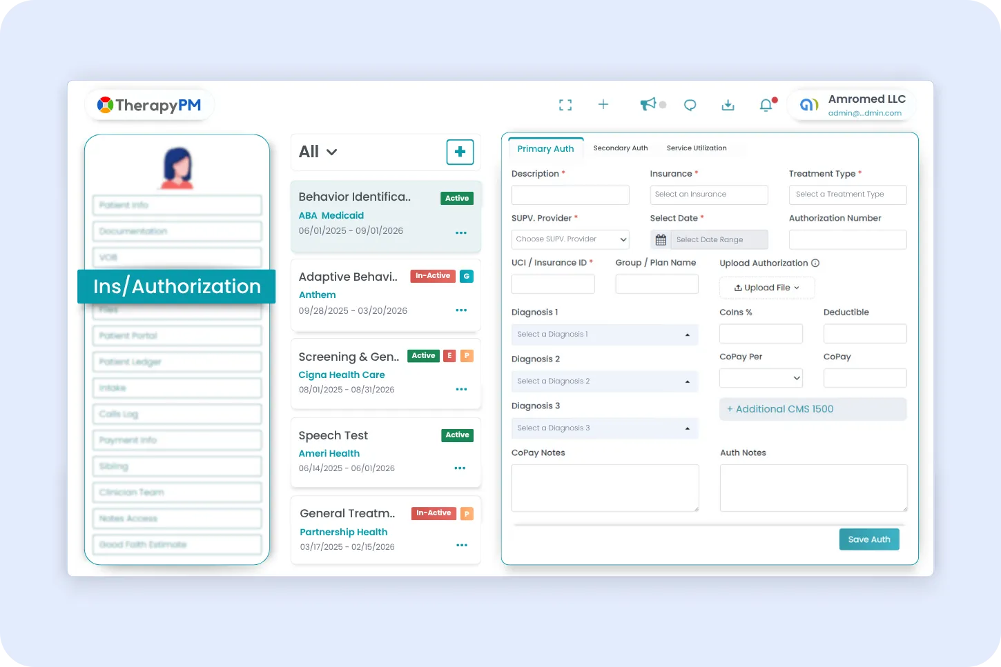 TherapyPM Practice management software Authorixation panel image