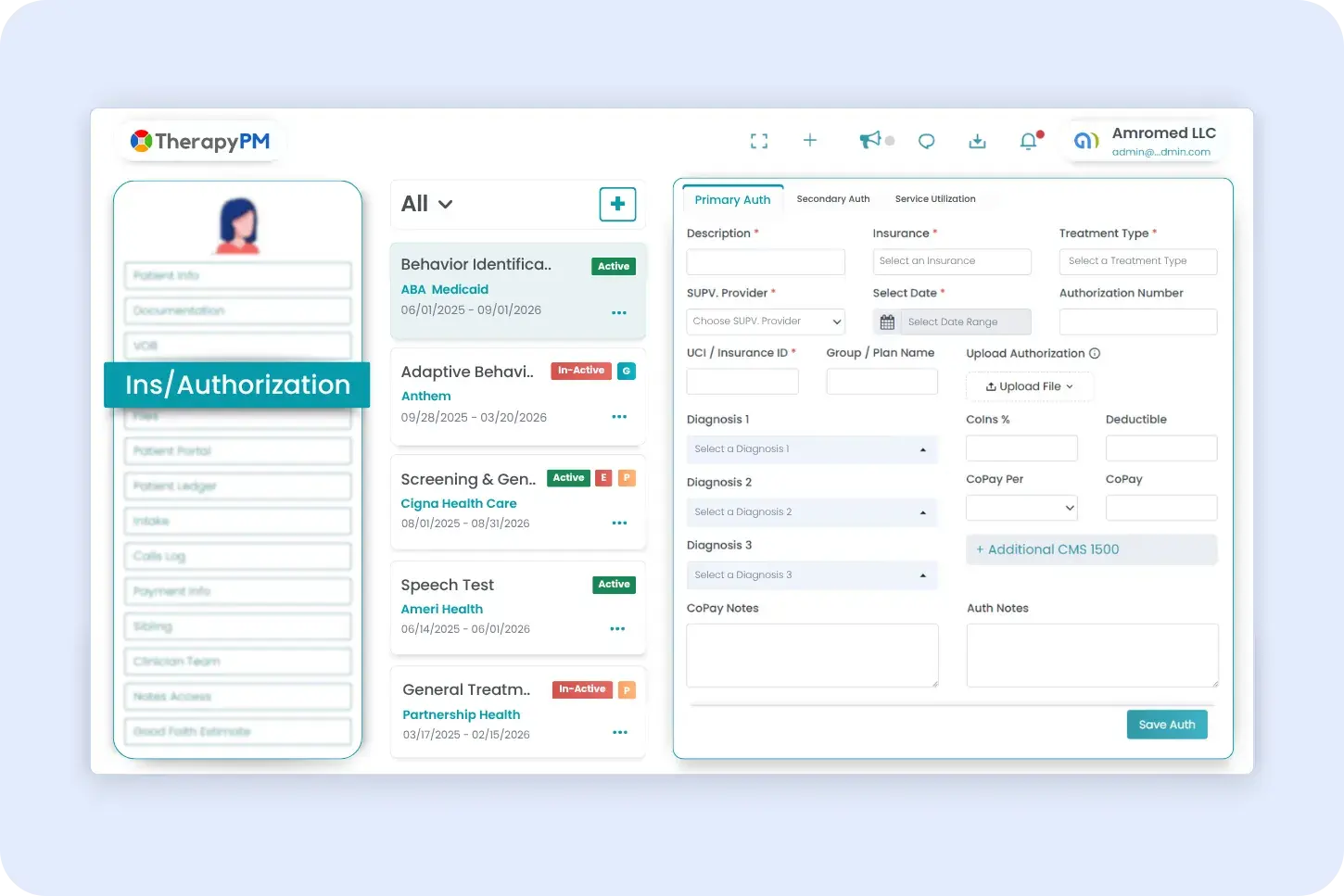 TherapyPM Practice Management software Authorization panel Image