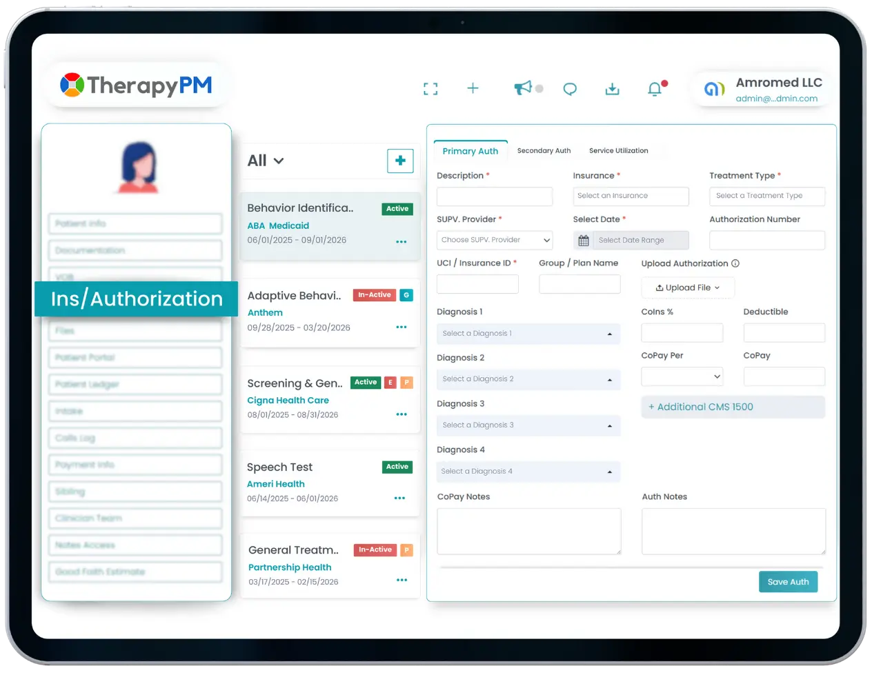 TherapyPM Practice Management software Authorization panel Image