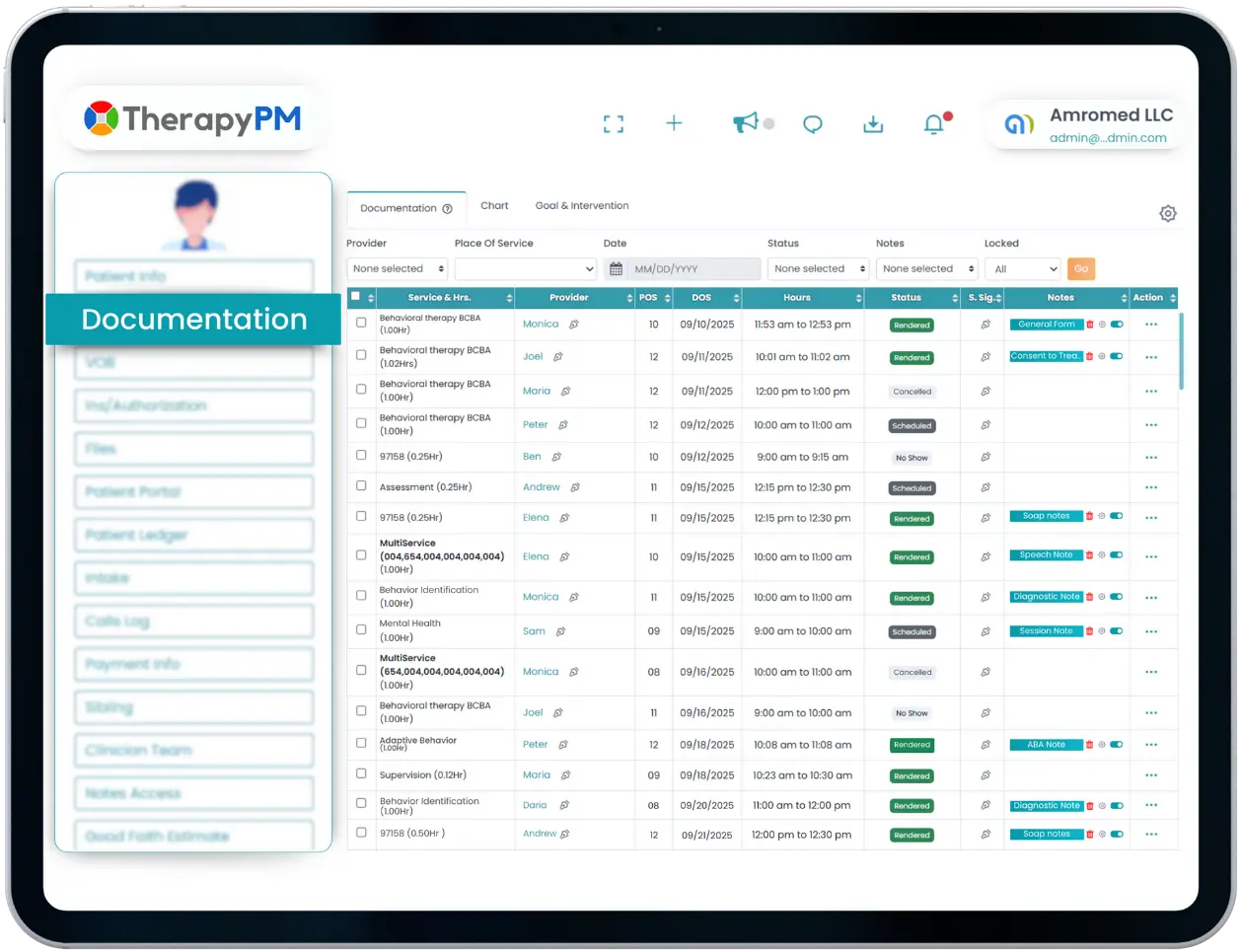 TherapyPM Practice Management software Documentation (Note taking) panel Image