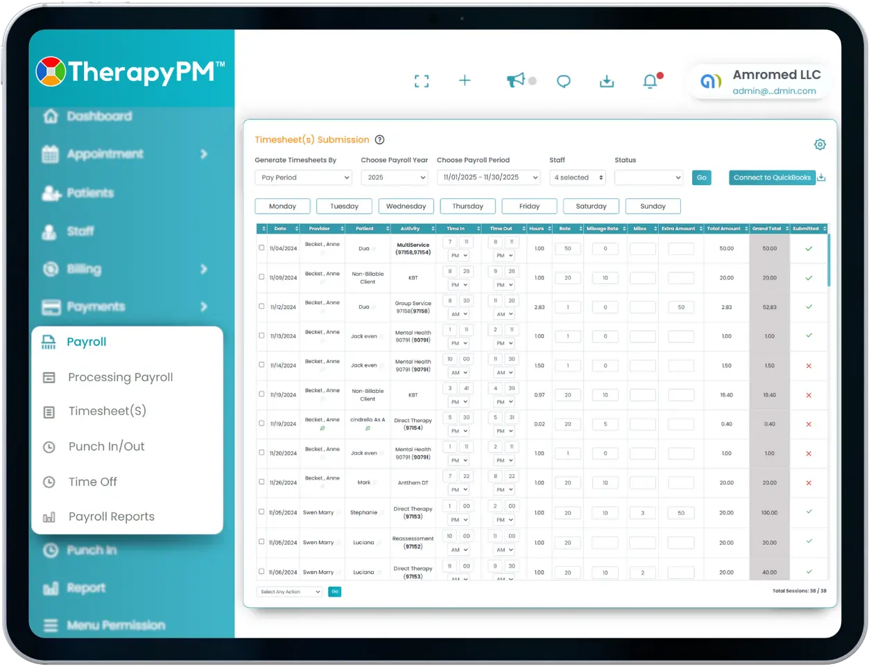 TherapyPM Practice Management software Payroll panel Image