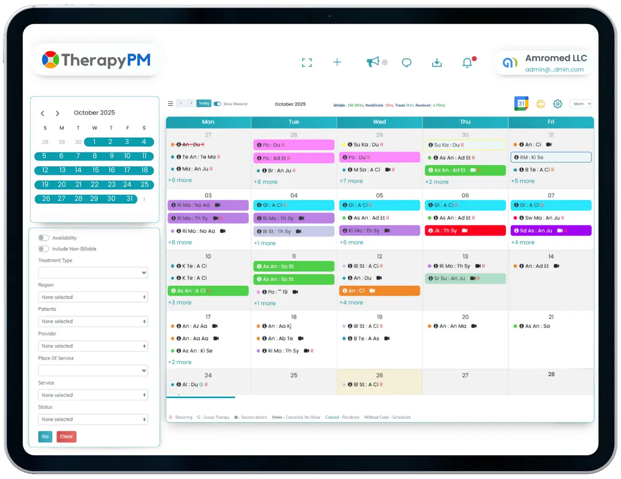 TherapyPM Practice Management software Scheduling panel Image