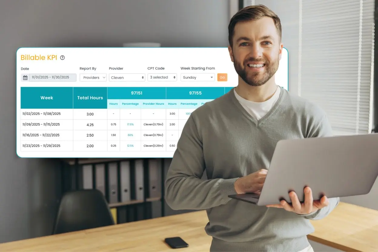 TherapyPM practice management software payroll features billable KPI illustrated image