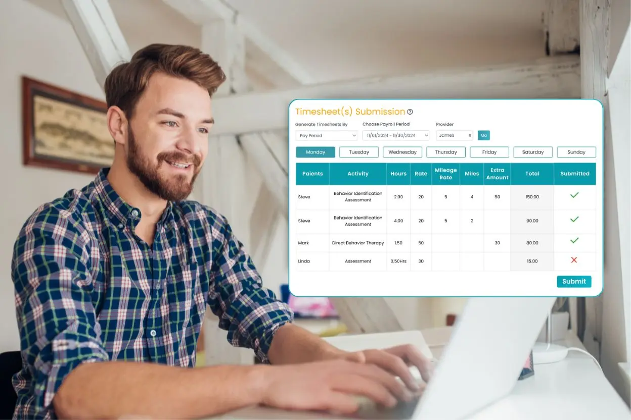 TherapyPM practice management software payroll features Time sheet management illustrated image