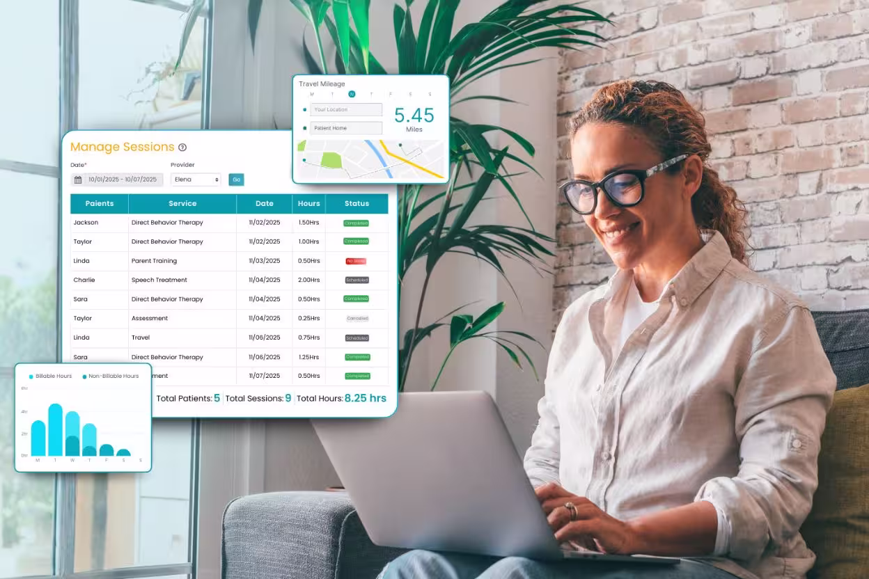 TherapyPM practice management software payroll features working hours tracking illustrated image